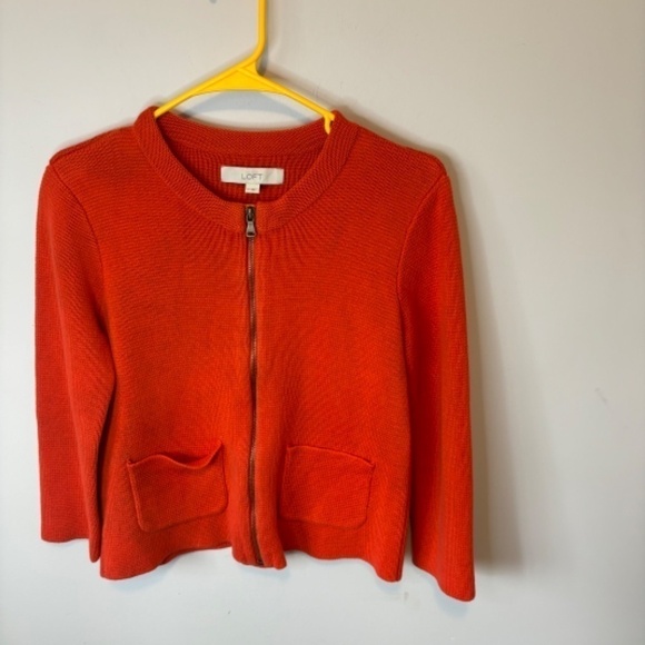 Loft Women's Cropped 3/4 Sleeve Cotton Knit Orange Zippered Cardigan, SZ M - Picture 7 of 9